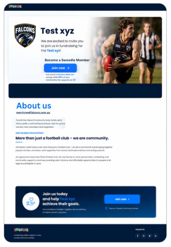 Sample Merri Creek Falcons fundraiser marketing page with Join now call to action