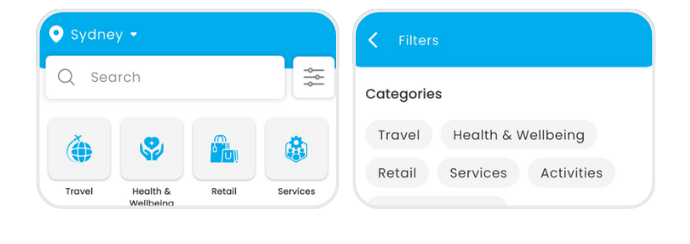 Swoodle app search bar and filters screen with category tags