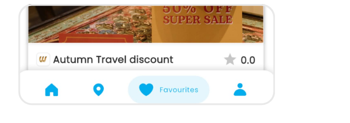 Swoodle app bottom navigation with Favourites tab highlighted