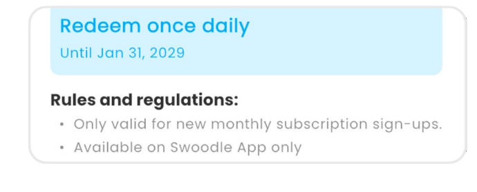 Swoodle app offer rules showing redemption terms and validity