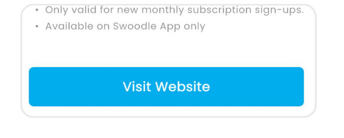 Swoodle app online redemption screen with Visit Website button