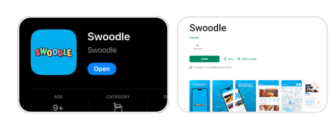 Apple App Store and Google Play listings for the Swoodle app