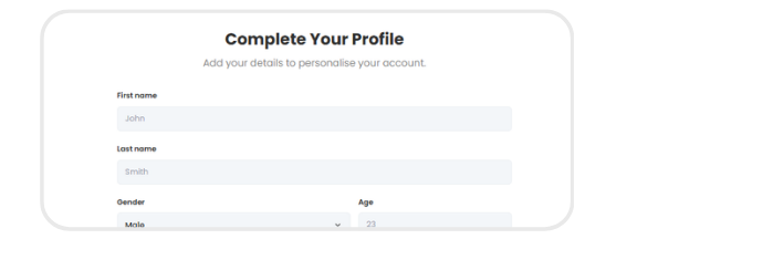 Swoodle app Complete Your Profile form with name and age fields