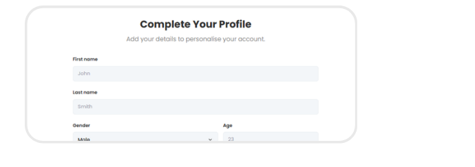 Swoodle website Complete Your Profile form with name and age fields