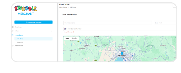Add a Store form with business details and map pin