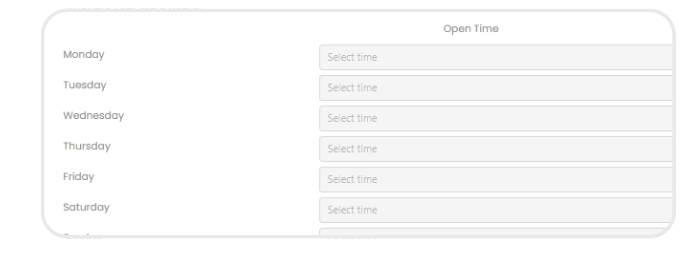 Open Time settings with day-by-day time selectors