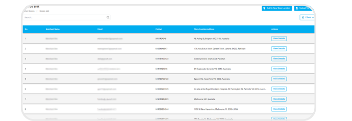 Stores List table with store details and action buttons