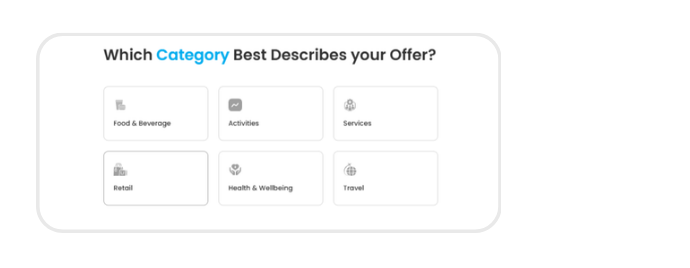 Category selection grid with Food, Activities, Services, Retail, and more