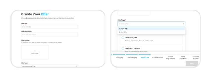 Create Your Offer form with title, description, and In-store Offer type selected