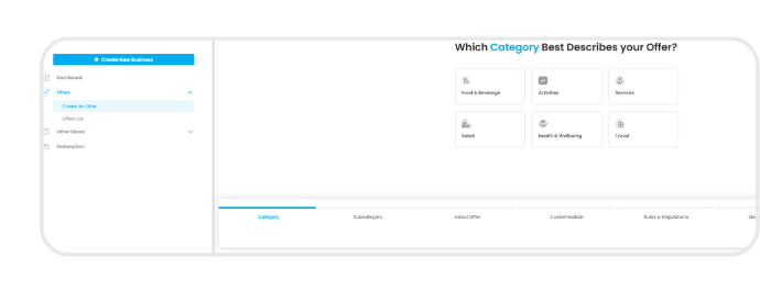 Offers menu with Create an Offer selected and category selection screen