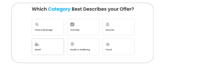 Category selection grid with Food, Activities, Services, Retail, and more