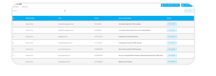 Stores list table with store names, addresses, and actions