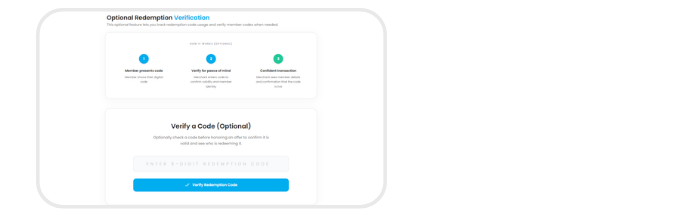 Optional redemption verification screen with code input field