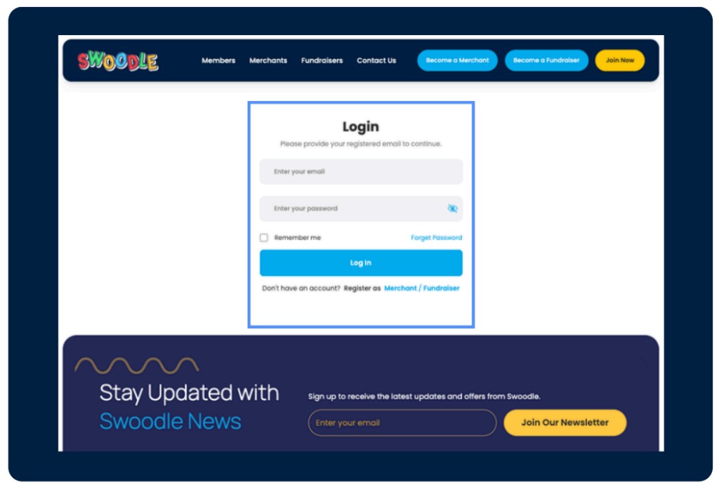 Swoodle Merchant Portal login screen