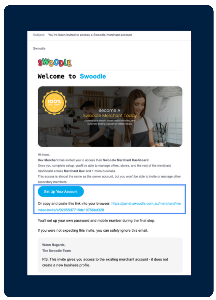 Secondary access invitation email with Set Up Your Account button