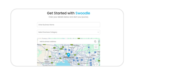 Get Started with Swoodle form for business name, category, and address