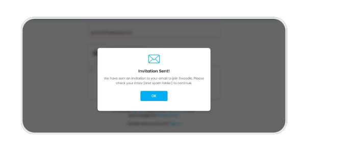 Invitation Sent confirmation modal asking you to check your email
