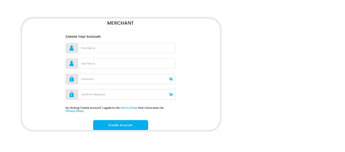 Merchant registration form with name and password fields
