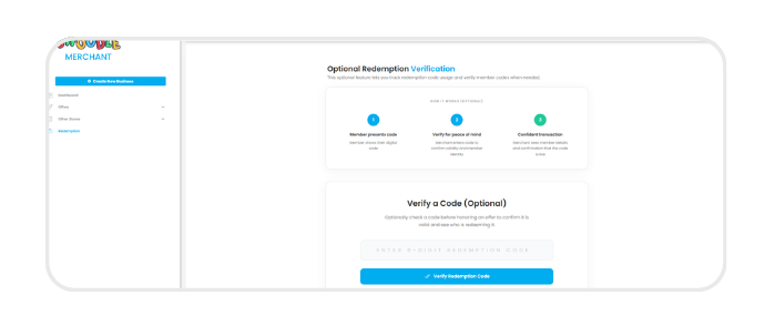 Merchant Portal sidebar with Redemption selected and verification overview