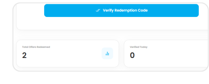 Metrics cards showing total offers redeemed and verified today