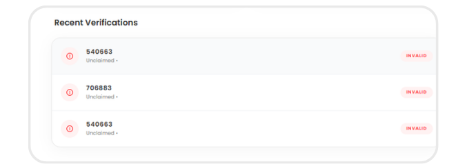 Recent Verifications list showing codes and invalid status tags