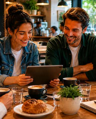 Merchants reviewing tablet offers in a cafe