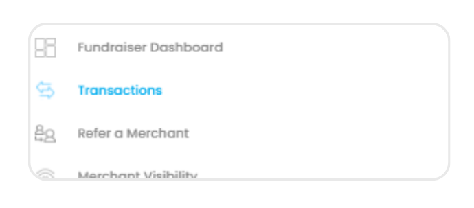 Fundraiser Portal sidebar with Transactions menu item highlighted