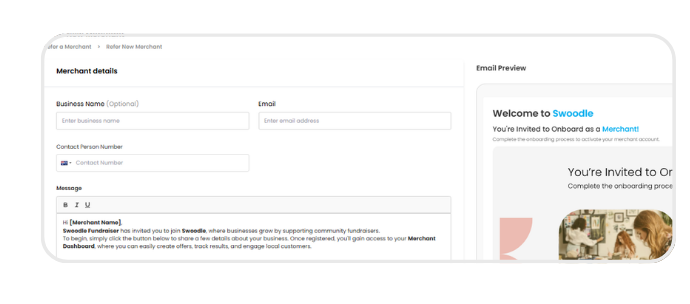Merchant referral form with business details and email preview