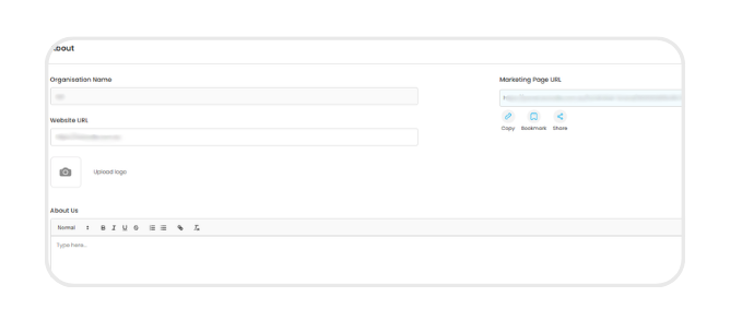 Marketing page form with organisation name, website URL, and upload fields