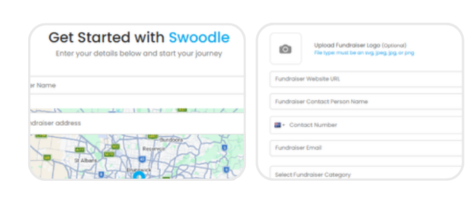 Swoodle sign-up form with fields for fundraiser name, address, contact details, and category