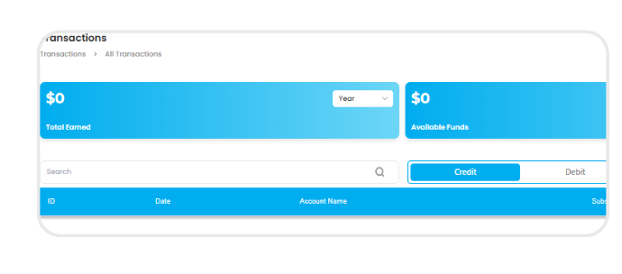 Transactions dashboard showing Total Earned and Available Funds