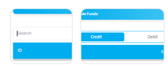 Search bar and Credit/Debit filter controls for transactions
