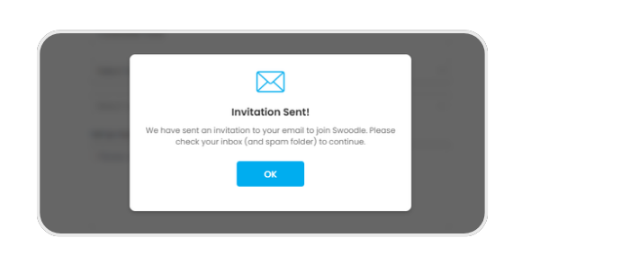 Invitation sent confirmation modal asking you to check your email inbox