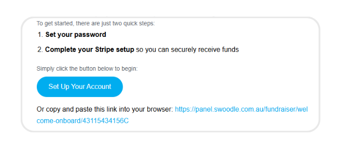 Onboarding screen prompting you to set your password and complete Stripe setup