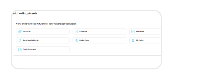 Marketing assets section with downloadable promotional resources