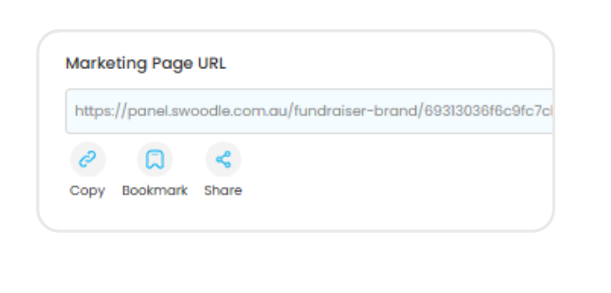 Marketing Page URL box with copy, bookmark, and share options