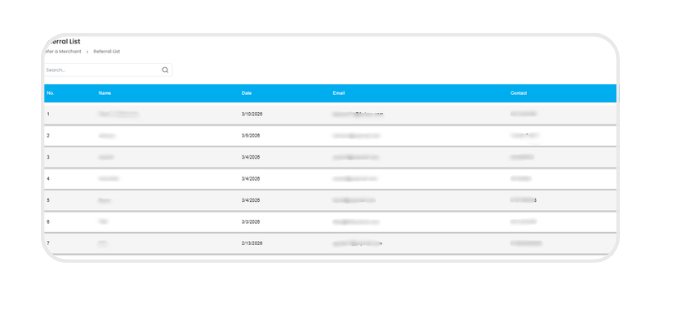 Referral list table showing referred merchants and their status